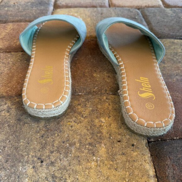 Shein Blue Faux‎ Suede Slides Rattan Like Sides Size 10 - Picture 5 of 8